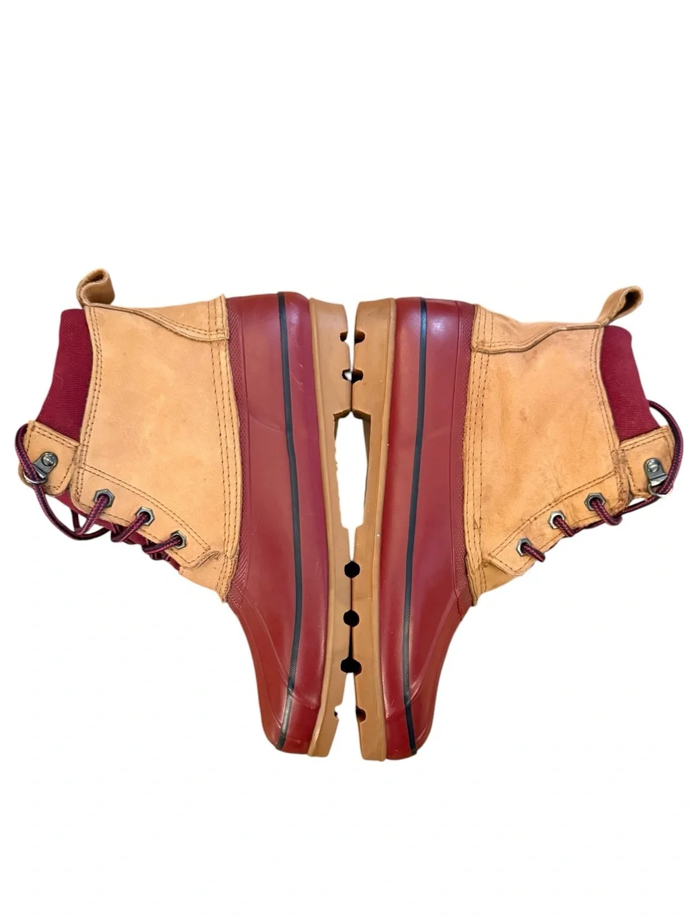Lands' End Women's 9M Waterproof Duck Boots Burgundy Maroon Tan Leather Lace Up